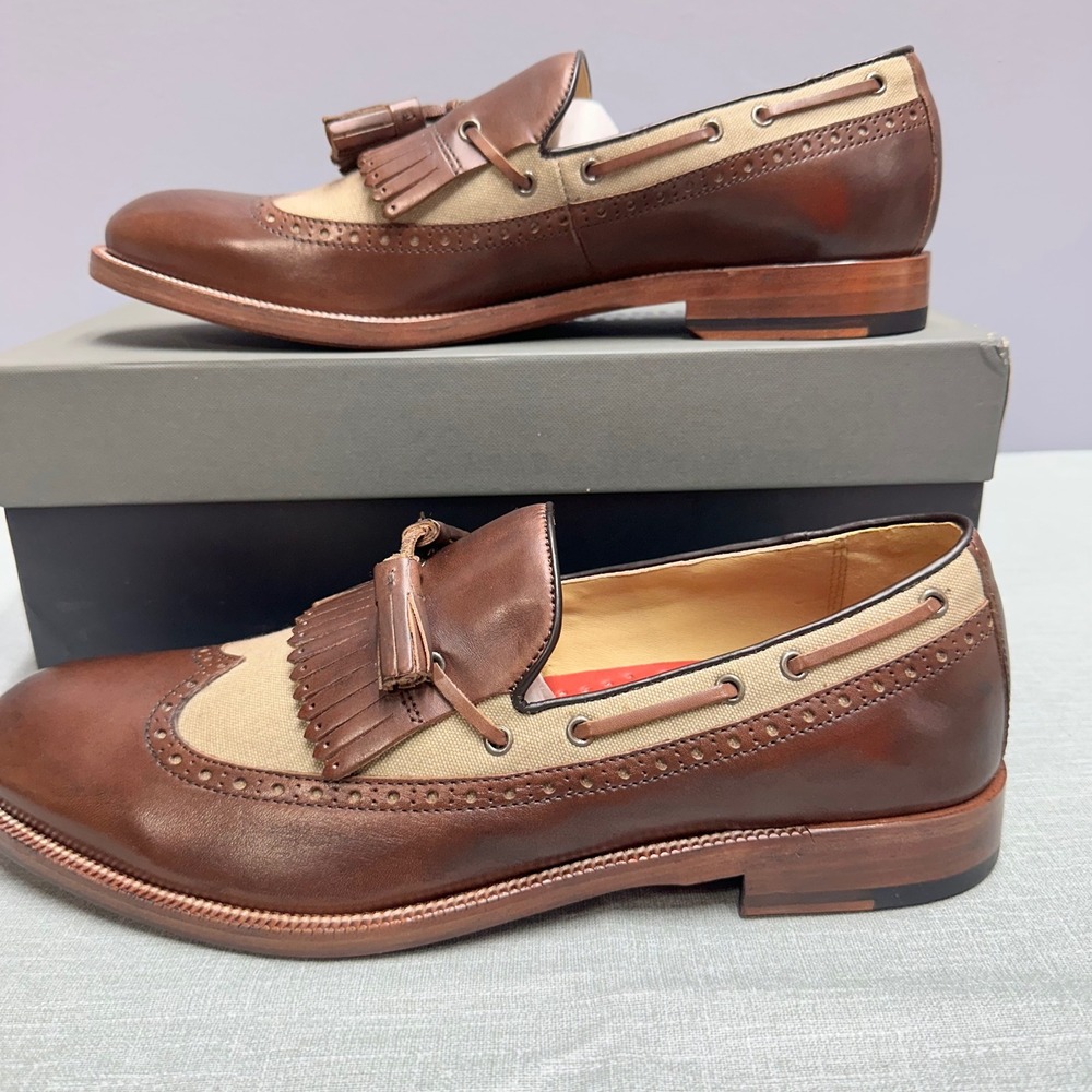 Johnston & Murphy Kiltie Tassel Saddle Loafers Mens 10 Brown Leather Woven Shoes